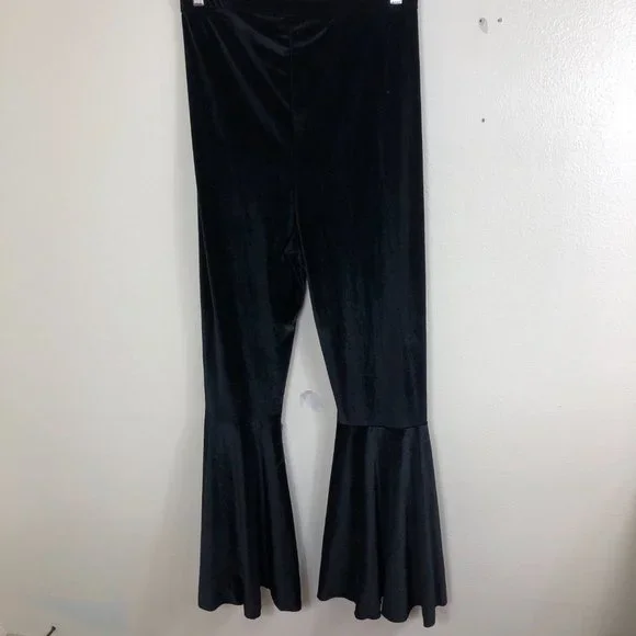 MARIE NICOLE CLOTHING Black Crushed Velvet Flare Curtain Long Pants Size Large - Picture 6 of 11